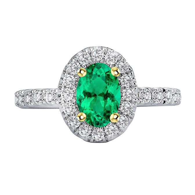 Colombian Emerald Oval Cut Precious Stone Ring in Two-Tone 14K Gold – main view