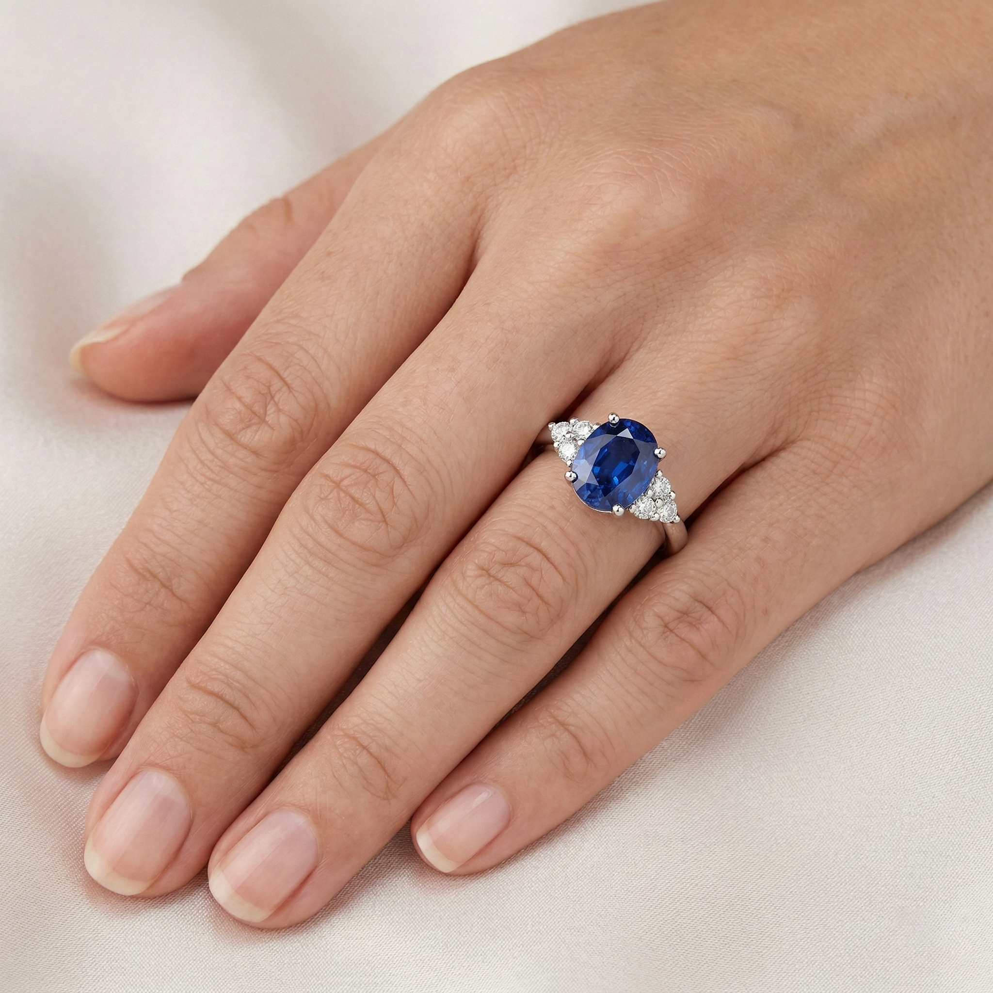 Oval Cut Ceylon Sapphire And Round Natural Earth Mined DIAMOND ( NOT LAB GROWN )s Engagement Ring 3.40 Ct
