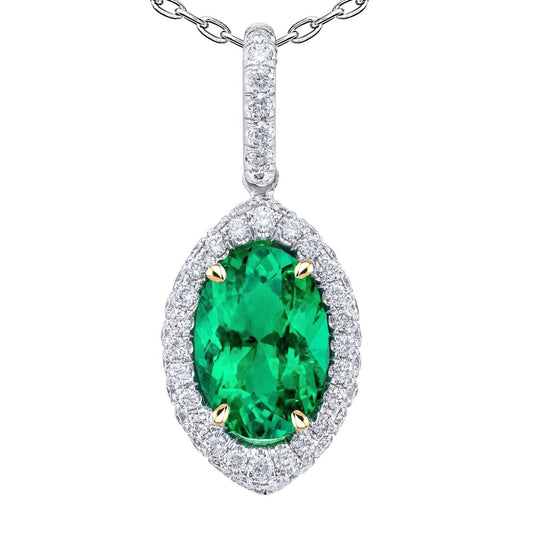 Fine Emerald Oval Stone Pendant Necklace in 14 Karat Two Tone Gold – main view