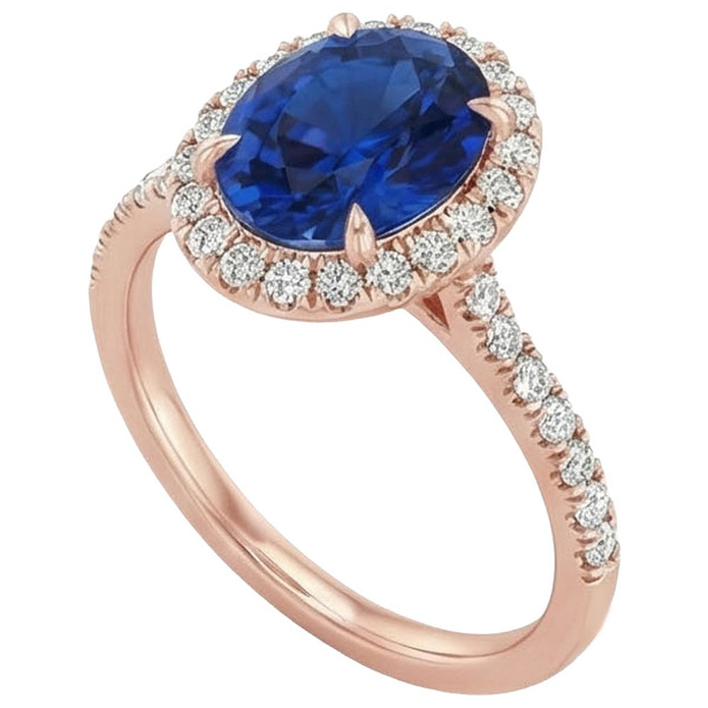 Oval Sapphire Natural Earth Mined Diamond Gemstone Ring 8 Carats Jewellery Rose Gold 14K