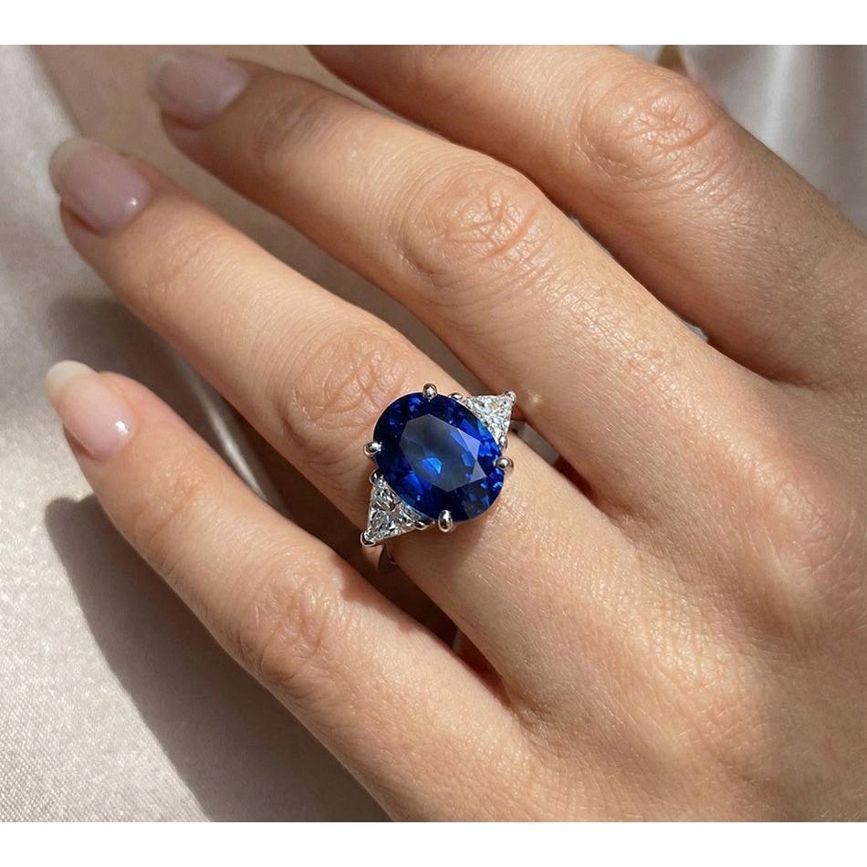 Oval Sri Lanka Sapphire Trillion Natural Earth Mined DIAMOND ( NOT LAB GROWN )s 3 Stone Ring 6.01 Carats
