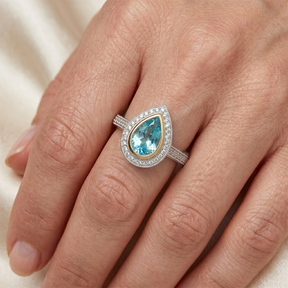 Paraiba Tourmaline VVS Halo Ring 1.75 ct in 14 Karat Two Tone