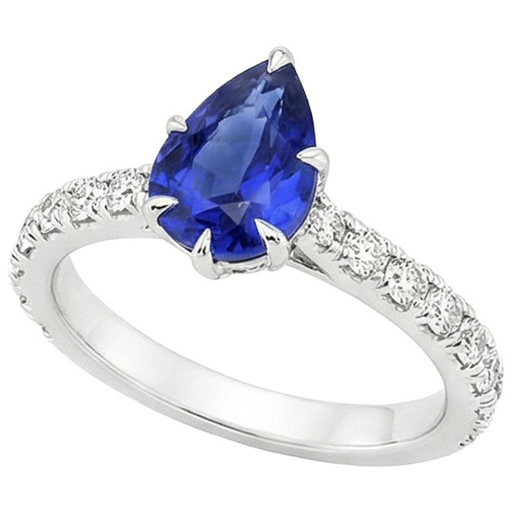 Pave Natural Earth Mined Diamond Engagement Ring Prong Set Pear Blue Sapphire 5.50 Carats