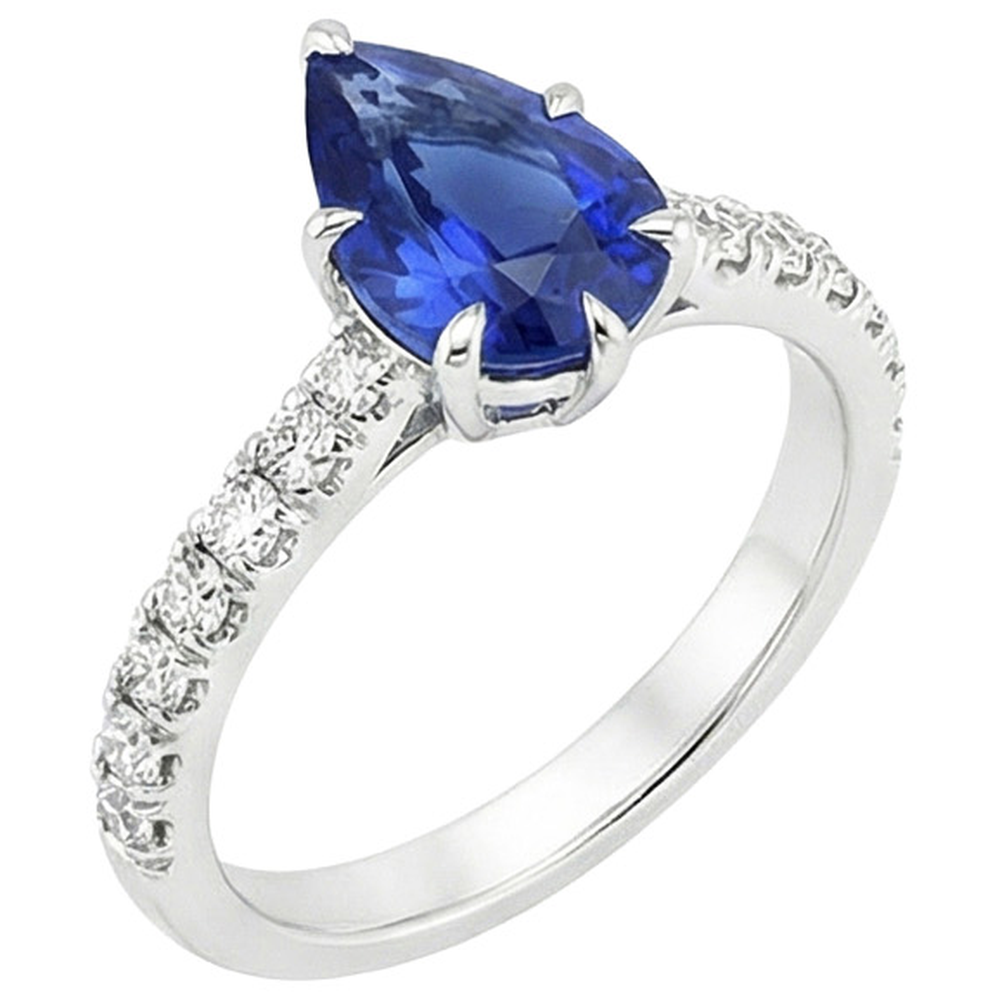 Pave Natural Earth Mined Diamond Engagement Ring Prong Set Pear Blue Sapphire 5.50 Carats