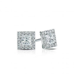 Pave Princess And Round Cut 2.92 Carats Real Diamond Stud Halo Earrings