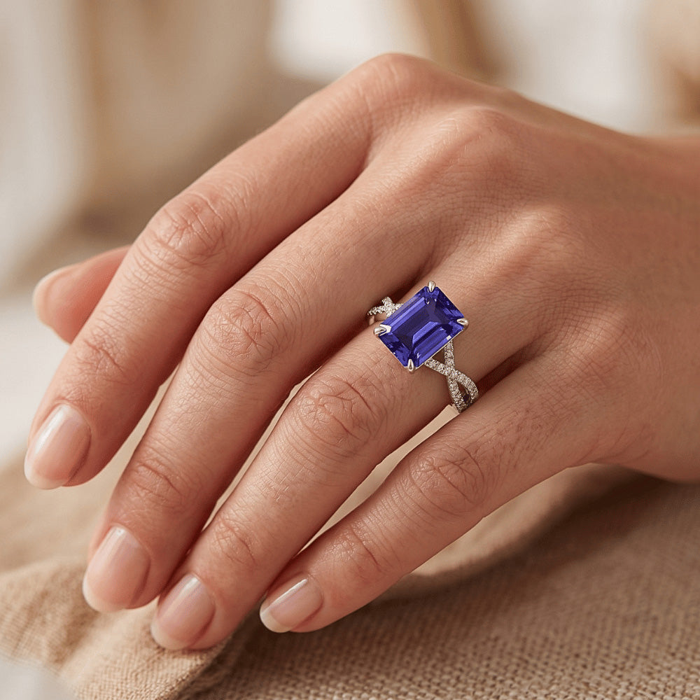 Pave Setting Engagement Ring Emerald Blue Sapphire & Natural Earth Mined Diamond 4 Carats