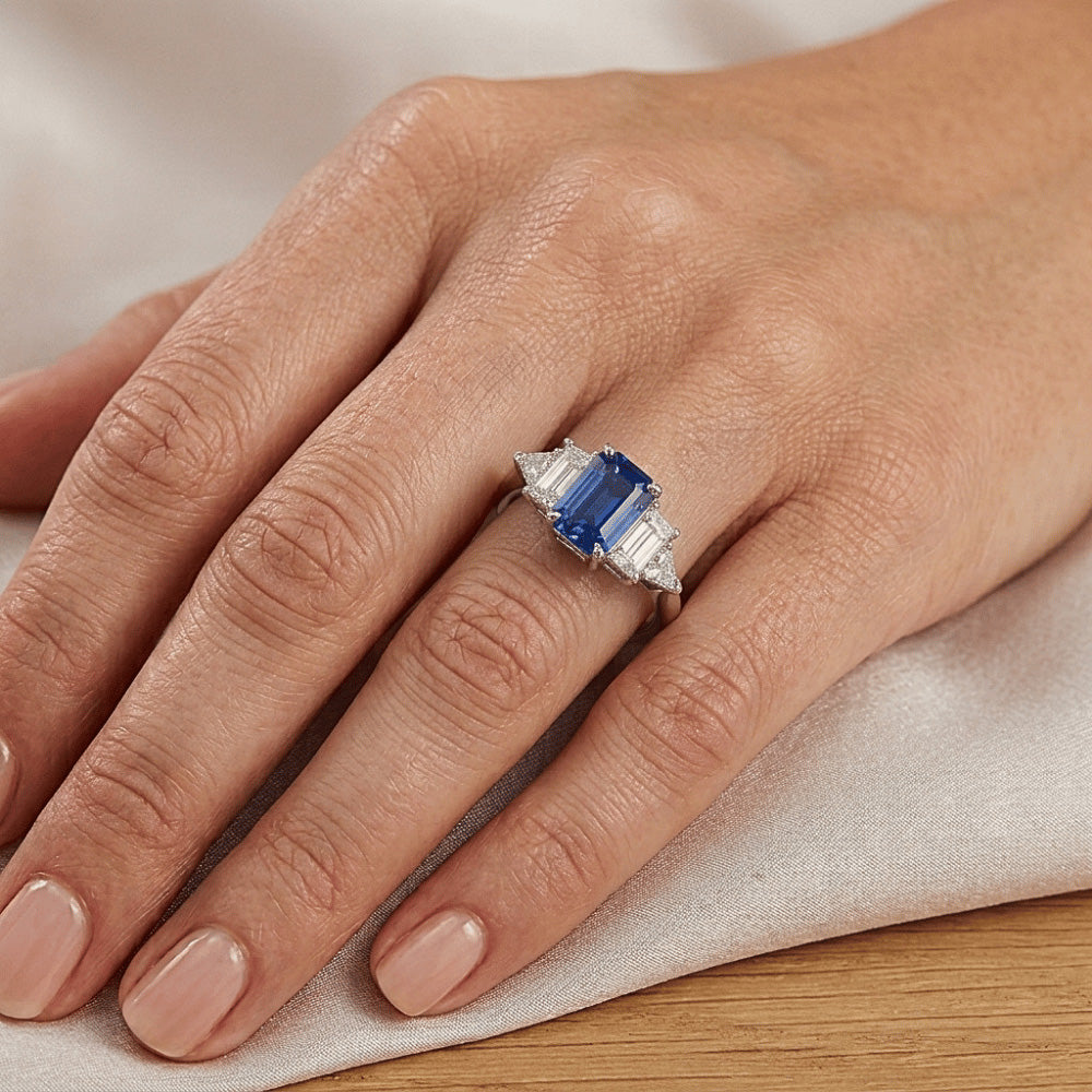 Peacock Blue Emerald Cut Sapphire Ring