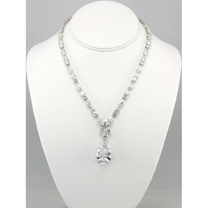 Pear And Round Genuine Diamond Necklace 20 Carats Fine 14K White Gold