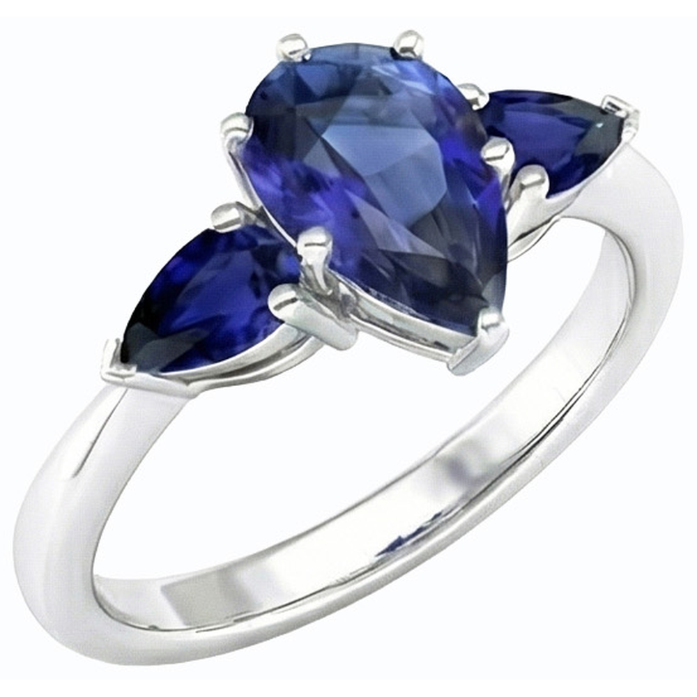 Pear Blue Sapphire Three Stone Ring 2 Carats White Gold 14K