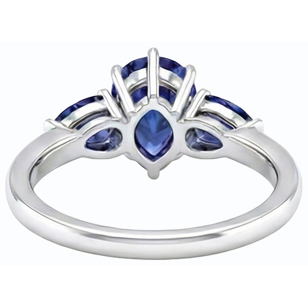 Pear Blue Sapphire Three Stone Ring 2 Carats White Gold 14K