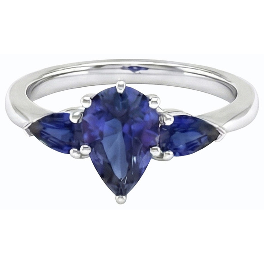 Pear Blue Sapphire Three Stone Ring 2 Carats White Gold 14K
