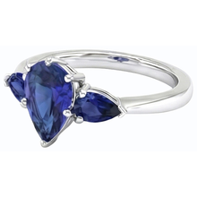 Pear Blue Sapphire Three Stone Ring 2 Carats White Gold 14K