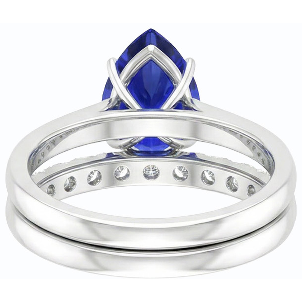 Pear Blue Sapphire Wedding Ring Set White Gold & Natural Earth Mined Diamonds 4.50 Carats