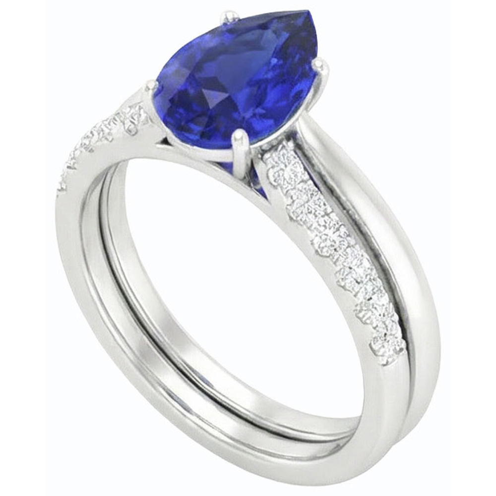 Pear Blue Sapphire Wedding Ring Set White Gold & Natural Earth Mined Diamonds 4.50 Carats