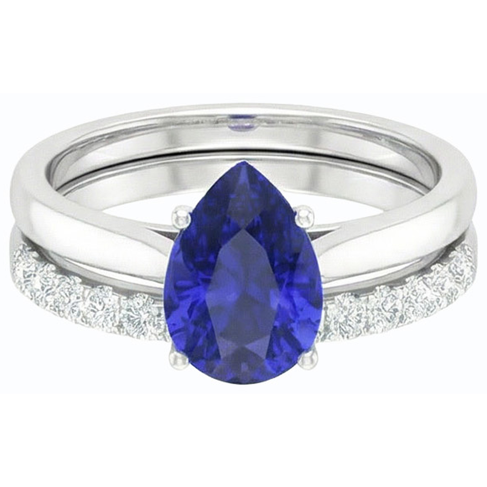Pear Blue Sapphire Wedding Ring Set White Gold & Natural Earth Mined Diamonds 4.50 Carats