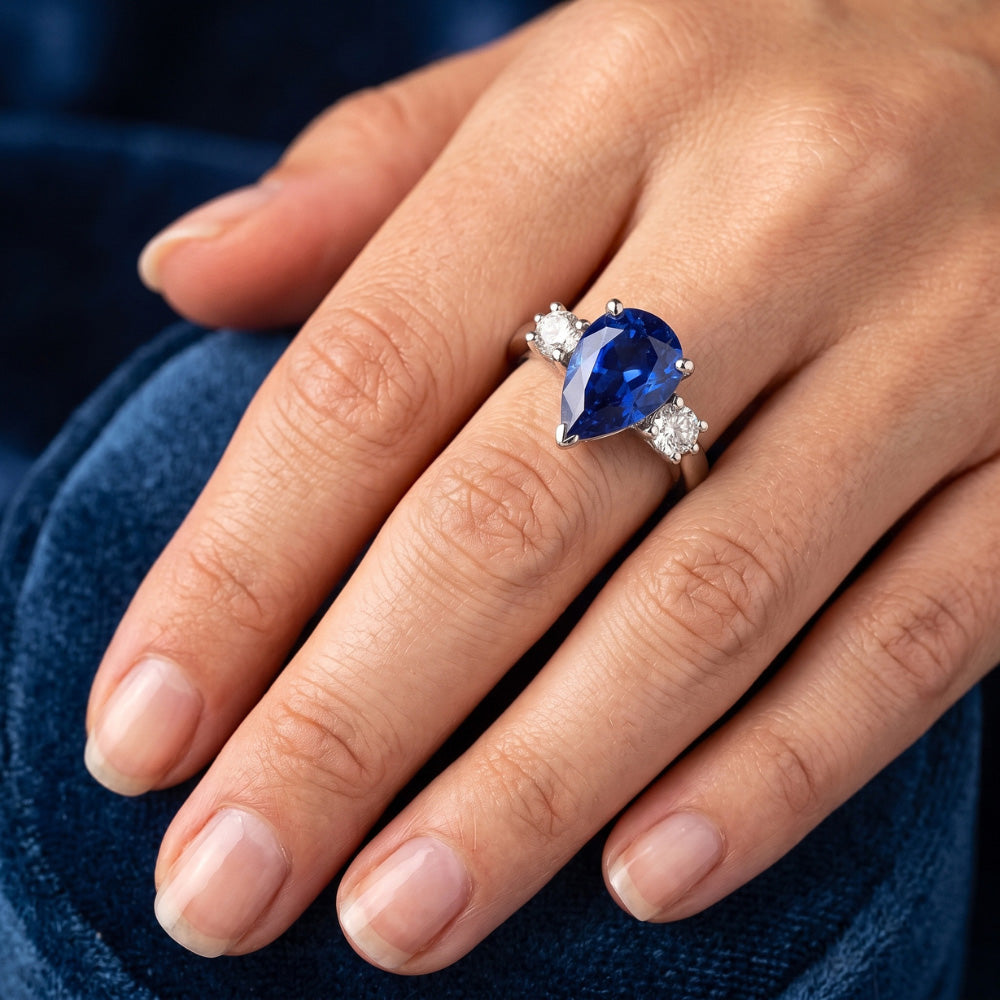 Pear Ceylon Sapphire Natural Earth Mined DIAMOND ( NOT LAB GROWN ) White Gold Ring 4.21 Ct Jewellery