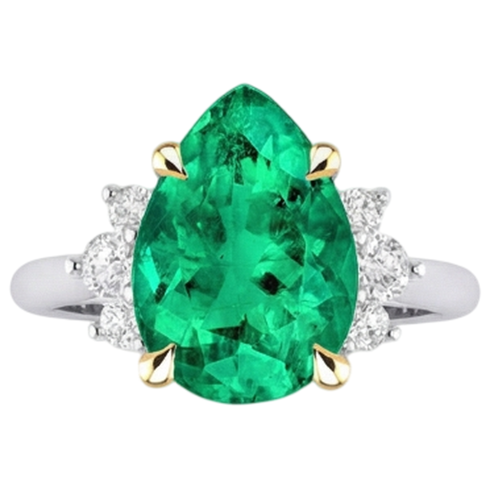 Fine Emerald Pear Shape Colored Stone Ring in Two-Tone 14K Gold – angle view
