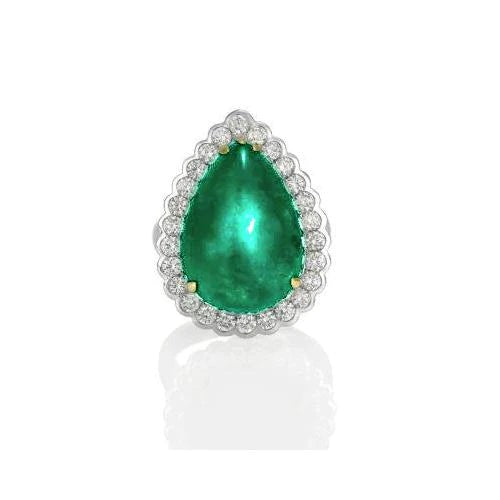 Pear Cut Green Emerald And Round Diamond Engagenent Ring 7.75 Carats
