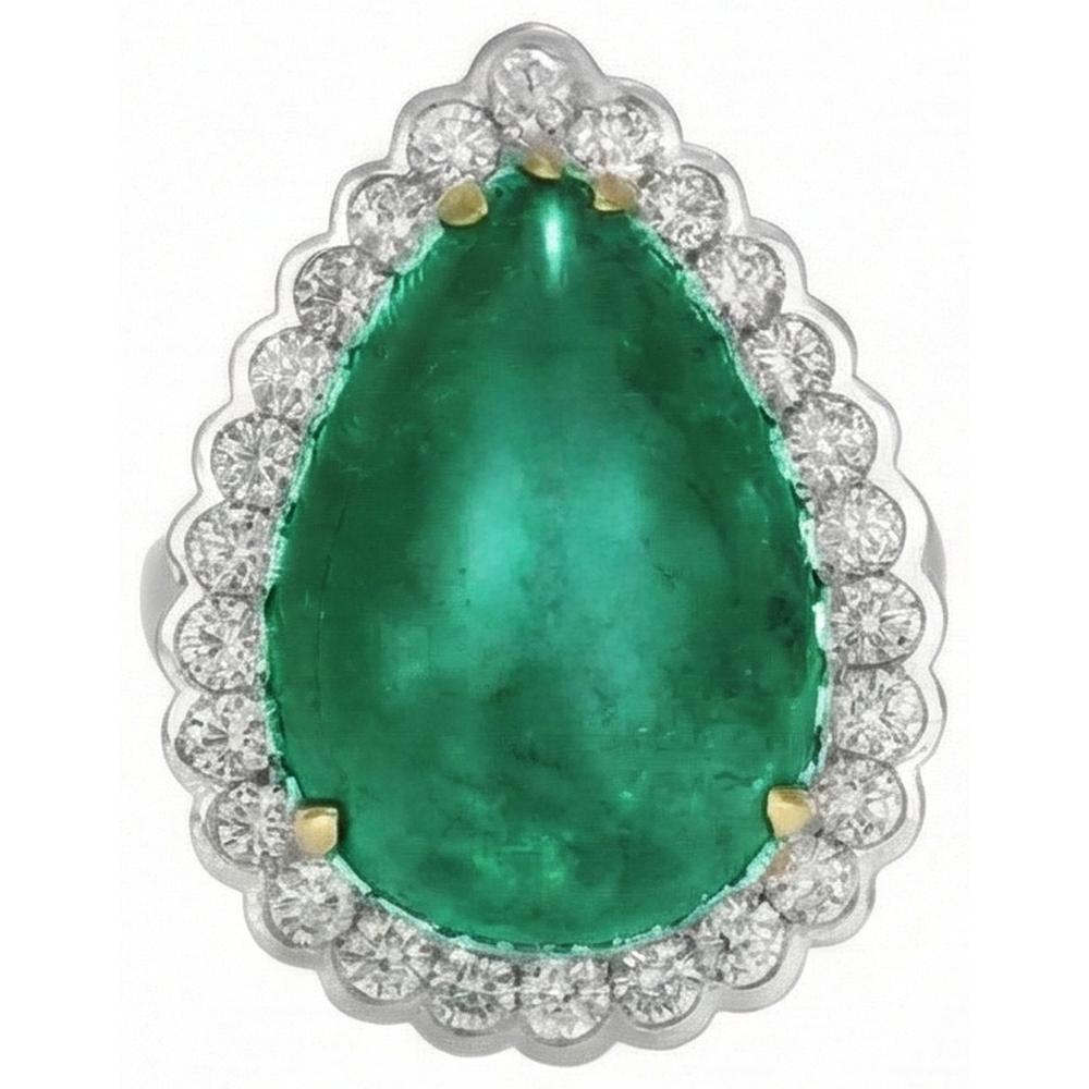 Pear Cut Green Emerald And Round Natural Earth Mined Diamond Engagenent Ring 7.75 Carats