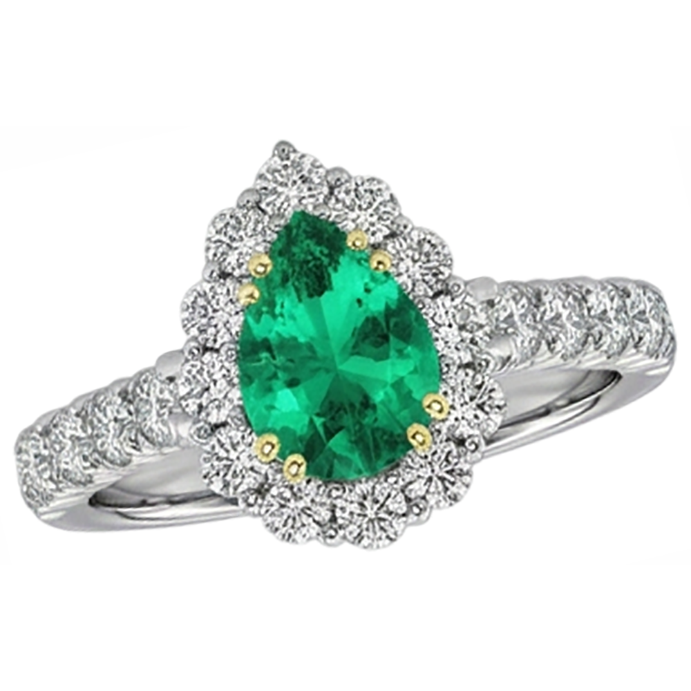 Colombian Emerald Pear Shape Precious Stone Ring in 14K Two Tone Gold – angle view