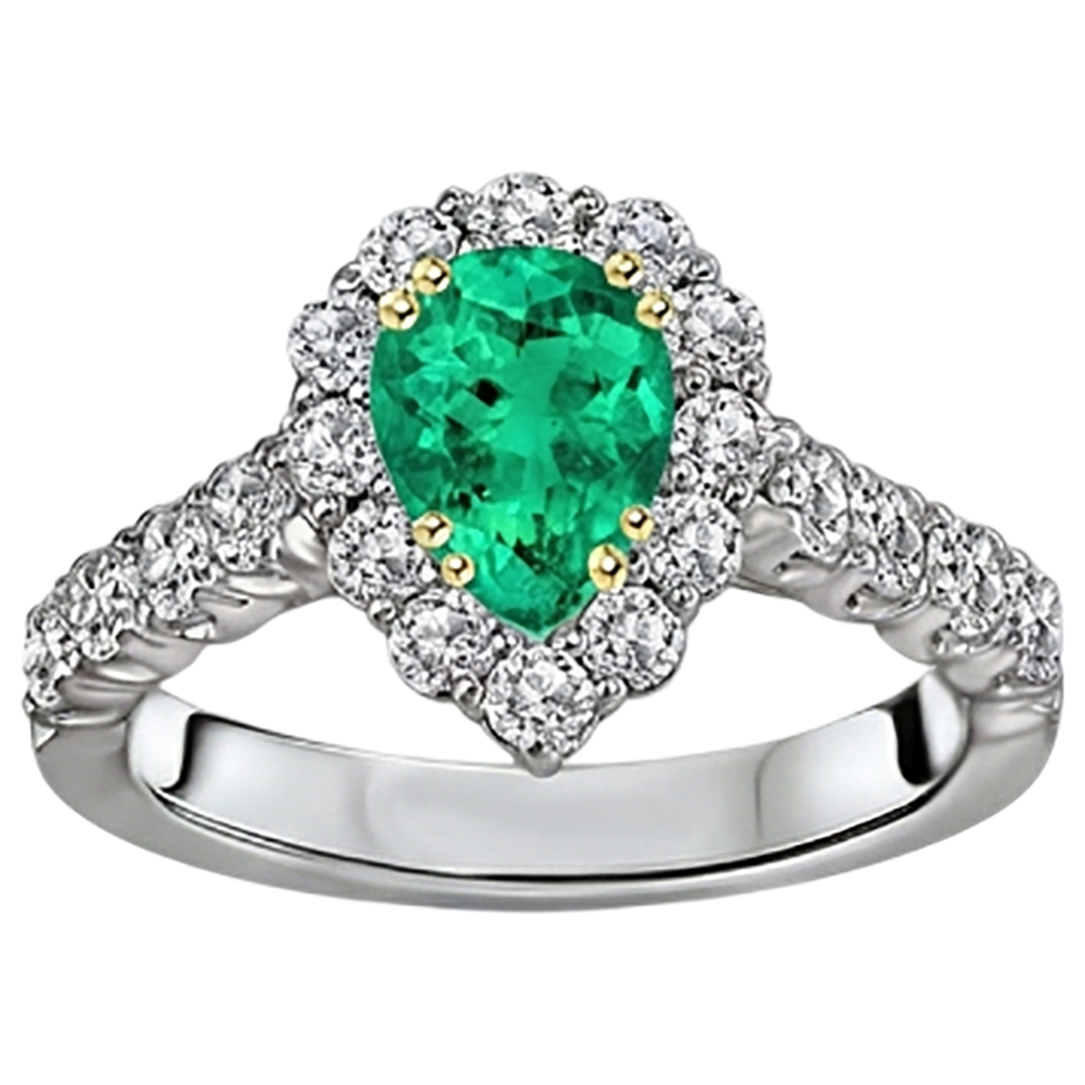 Colombian Emerald Pear Shape Precious Stone Ring in 14K Two Tone Gold – side view