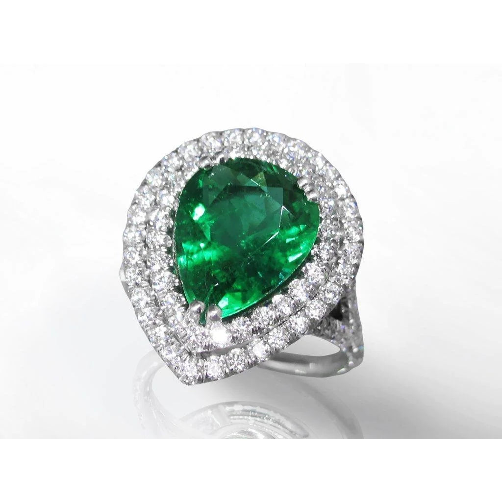 Pear Cut Green Emerald With Halo Round Diamond Wedding Ring 5.50 Ct Gold