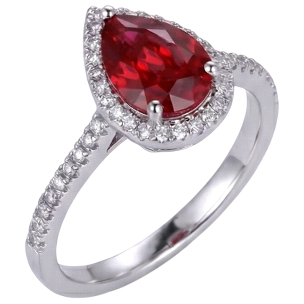 Pear Cut Red Ruby & Natural Earth Mined Diamond Wedding Ring White Gold 14K 3.45 Carats