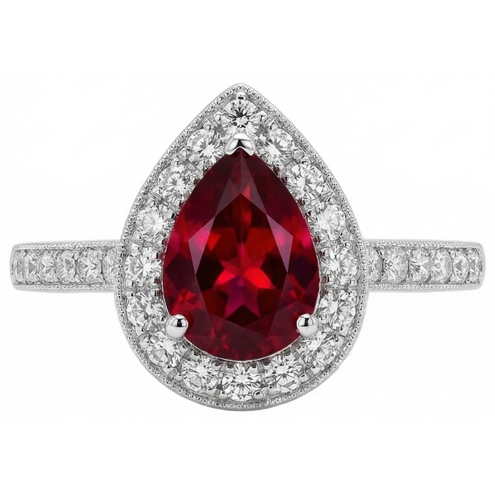 Pear Cut Ruby & Round Natural Earth Mined Diamond 3 Carats Wedding Ring Gold White 14K