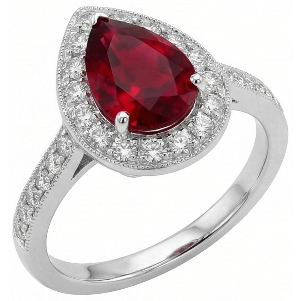 Pear Cut Ruby & Round Natural Earth Mined Diamond 3 Carats Wedding Ring Gold White 14K