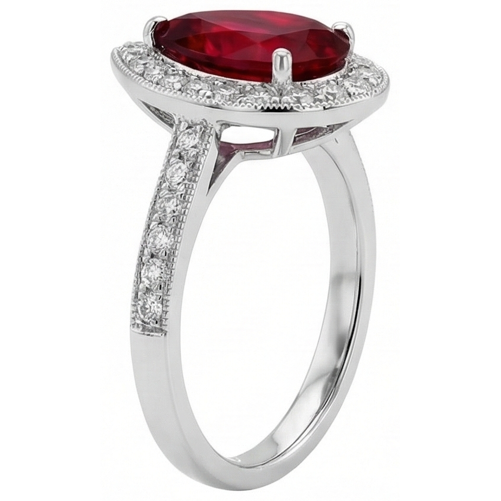 Pear Cut Ruby & Round Natural Earth Mined Diamond 3 Carats Wedding Ring Gold White 14K