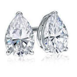 Pear Cut Solitaire Genuine Diamond Stud 3 Carats Women Earring White Gold 14K