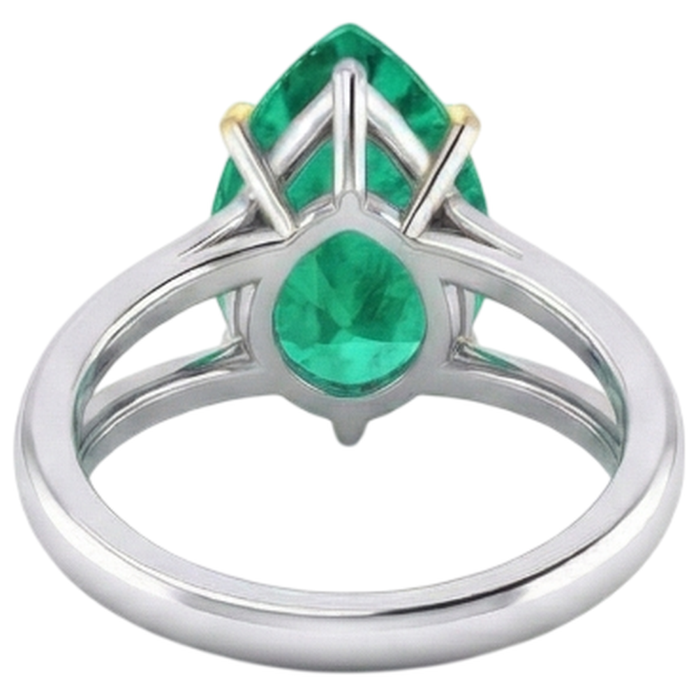 Colombian Emerald Pear Shape Precious Stone Ring in Two-Tone 14K Gold – top view
