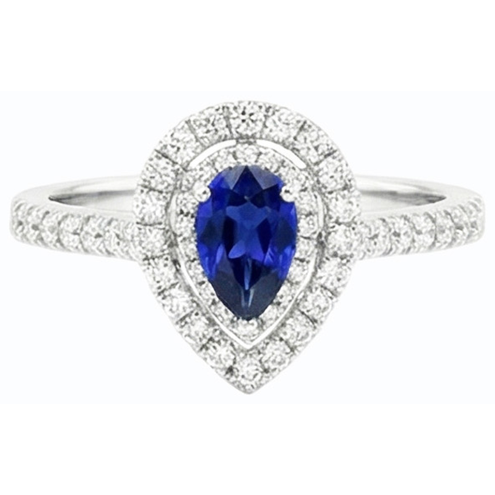 Pear Double Halo Ring Blue Sapphire 14K Gold Natural Earth Mined Diamonds 2.50 Carats