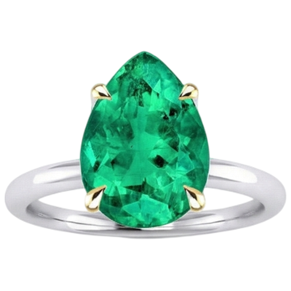 Colombian Emerald Pear Shape Precious Stone Ring in 14K Two Tone Gold – profile view