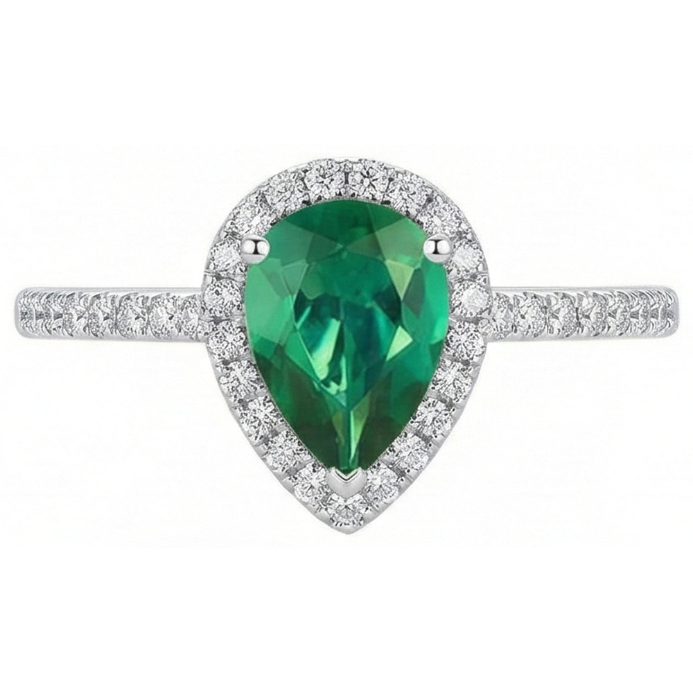 Pear Green Emerald Gemstone Ring White Gold 14K 5.35 Carats