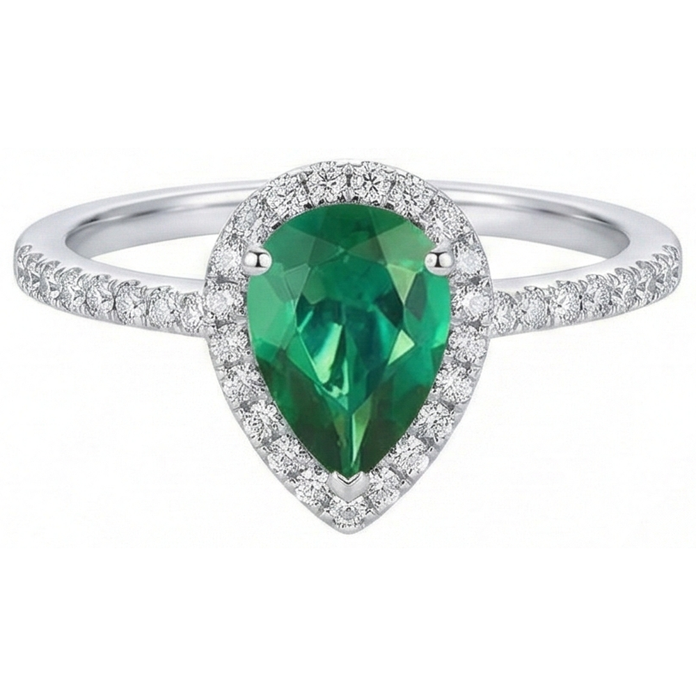 Pear Green Emerald Gemstone Ring White Gold 14K 5.35 Carats