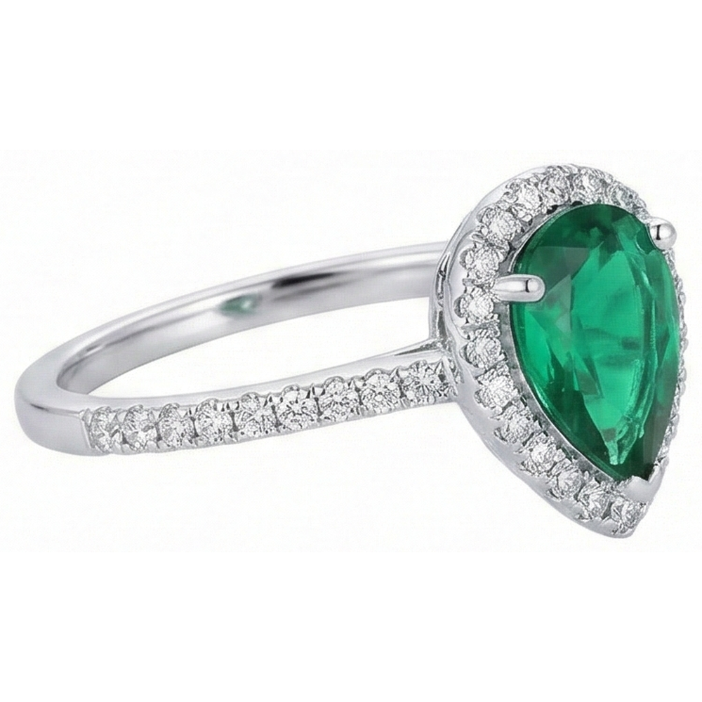 Pear Green Emerald Gemstone Ring White Gold 14K 5.35 Carats