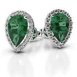Pear Green Emerald With Diamond Ladies Stud Earring 11 Carats White Gold 14K
