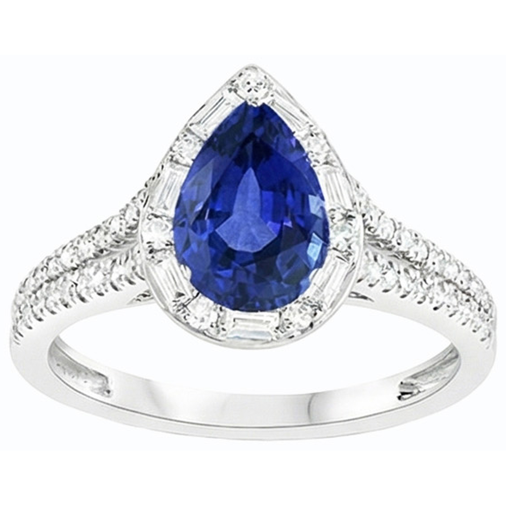 Pear Halo Blue Sapphire Ring Double Shank & Baguette Natural Earth Mined Diamonds 5 Carats