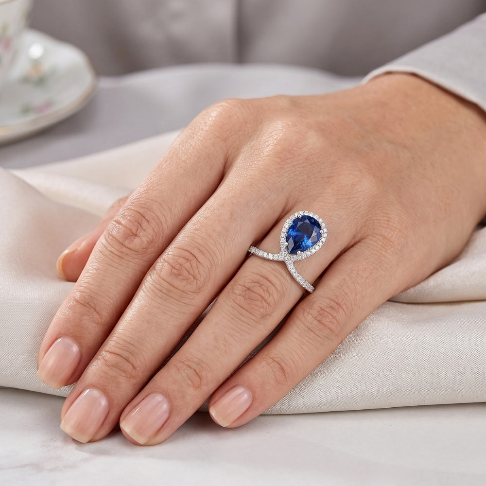 Pear Halo Natural Earth Mined Diamond Ring Enhancer Blue Sapphire 3.50 Carats