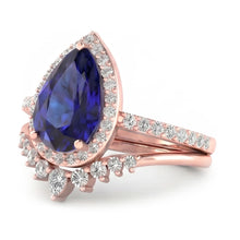 Pear Halo Wedding Ring Set Deep Blue Sapphire & Natural Earth Mined Diamonds 4.50 Carats