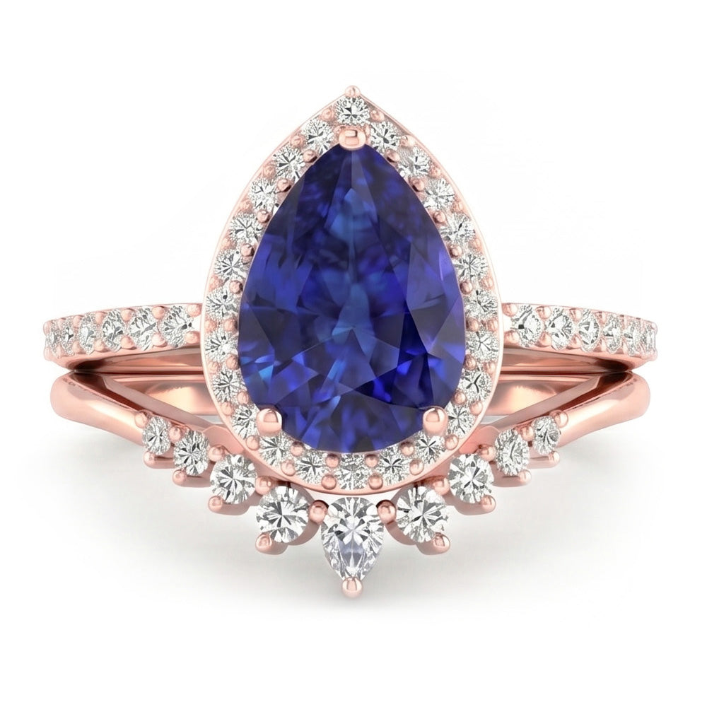 Pear Halo Wedding Ring Set Deep Blue Sapphire & Natural Earth Mined Diamonds 4.50 Carats