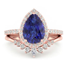 Pear Halo Wedding Ring Set Deep Blue Sapphire & Natural Earth Mined Diamonds 4.50 Carats