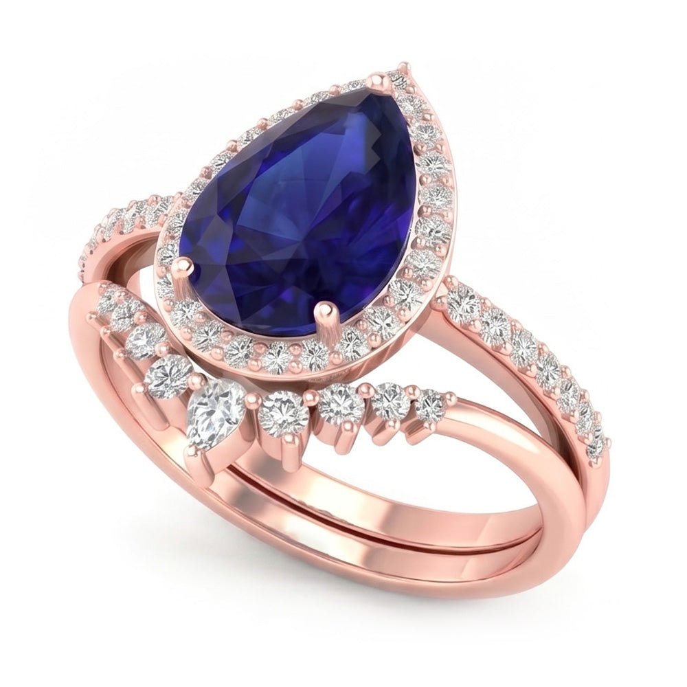 Pear Halo Wedding Ring Set Deep Blue Sapphire & Natural Earth Mined Diamonds 4.50 Carats