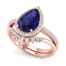 Pear Halo Wedding Ring Set Deep Blue Sapphire & Natural Earth Mined Diamonds 4.50 Carats
