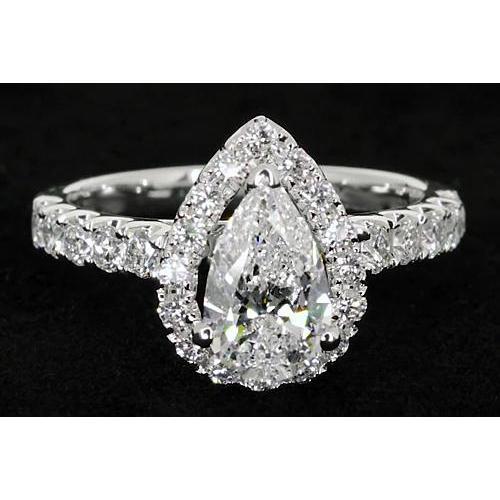 Pear Natural Diamond Engagement Halo Ring Classic Style 3 Carats