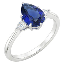 Pear Natural Earth Mined Diamond 3 Stone Blue Sapphire Ring 1.75 Carats Tapered Shank Gold