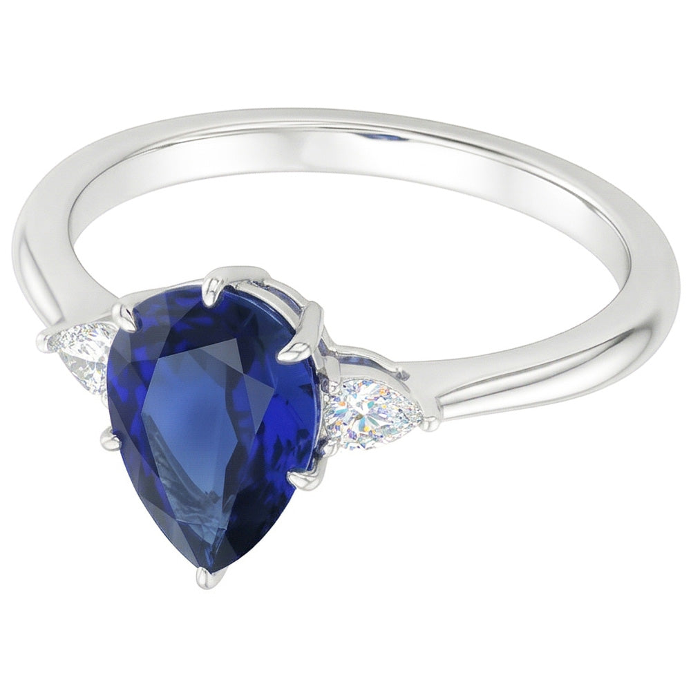 Pear Natural Earth Mined Diamond 3 Stone Blue Sapphire Ring 1.75 Carats Tapered Shank Gold