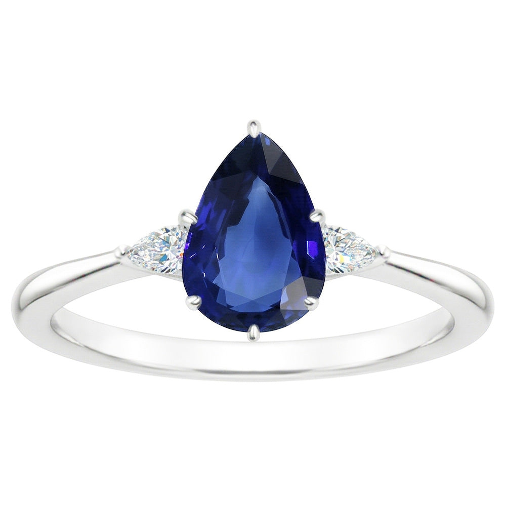 Pear Natural Earth Mined Diamond 3 Stone Blue Sapphire Ring 1.75 Carats Tapered Shank Gold