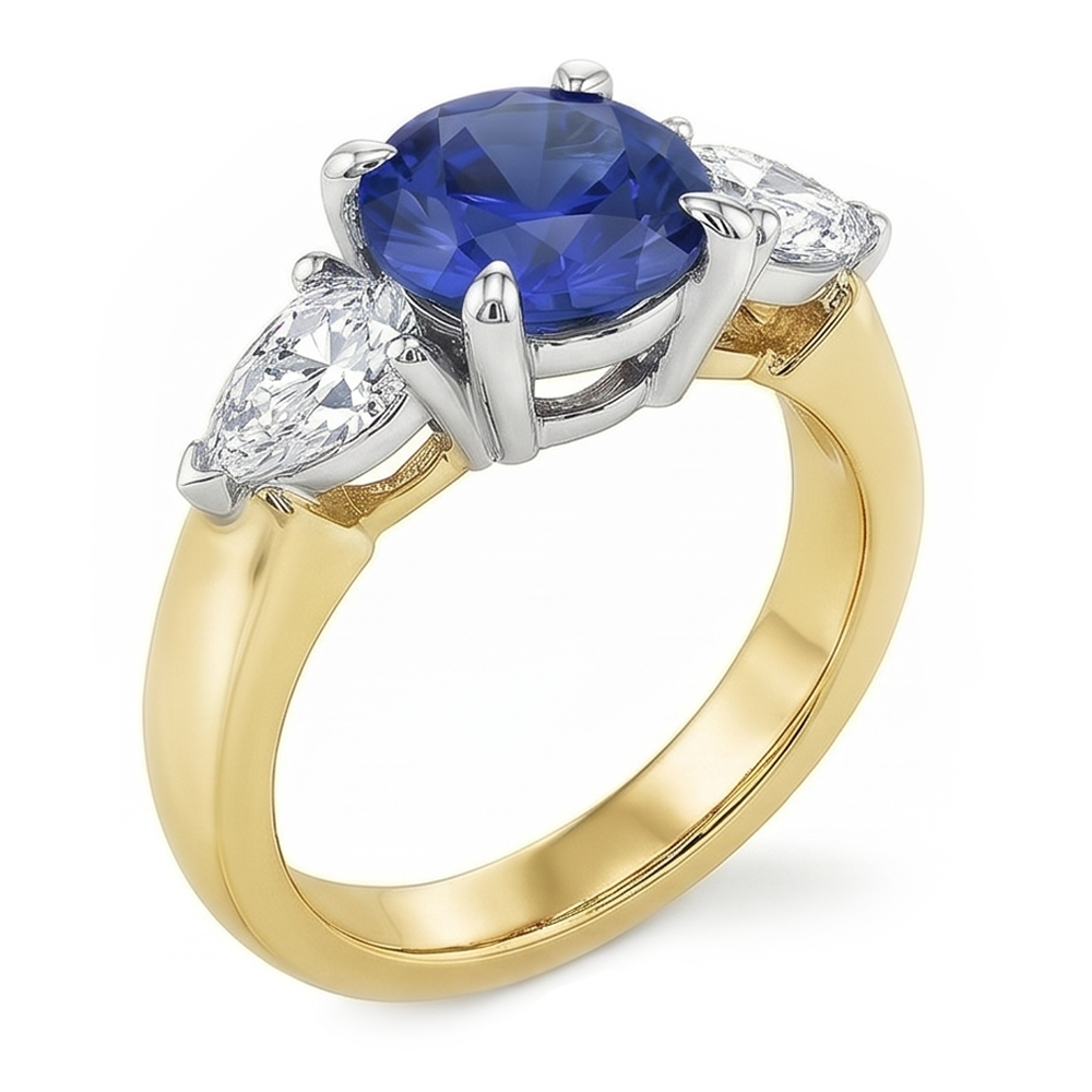Pear Natural Earth Mined Diamond 3 Stone Blue Sapphire Ring 2 Carats Two Tone Prong Sets